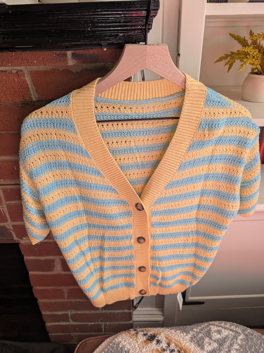 Amazon Striped Short-Sleeve Cardigan in Yellow & Light Blue